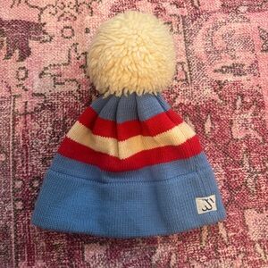 Vintage made in Canada wool Striped Pom-Pom Beanie - Blue, Red, Cream
